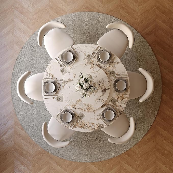 POVISON Round Dining Table for 6, 59" Modern Round Dining Room Table with Lazy Susan, Pandora Sintered Stone Dining Tabletop with Black Carbon Steel Pedestal (Dining Table Only)