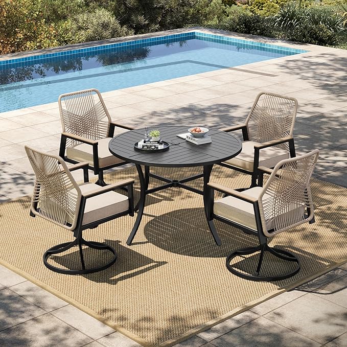 HERA'S HOUSE 5 Pieces Patio Table and Chairs Set of 4, 4 x Swivel Chairs with 3.1" Cushions and 42" Round Dining Table with Umbrella Hole, Outdoor Dining Set for Lawn Garden Backyard Porch