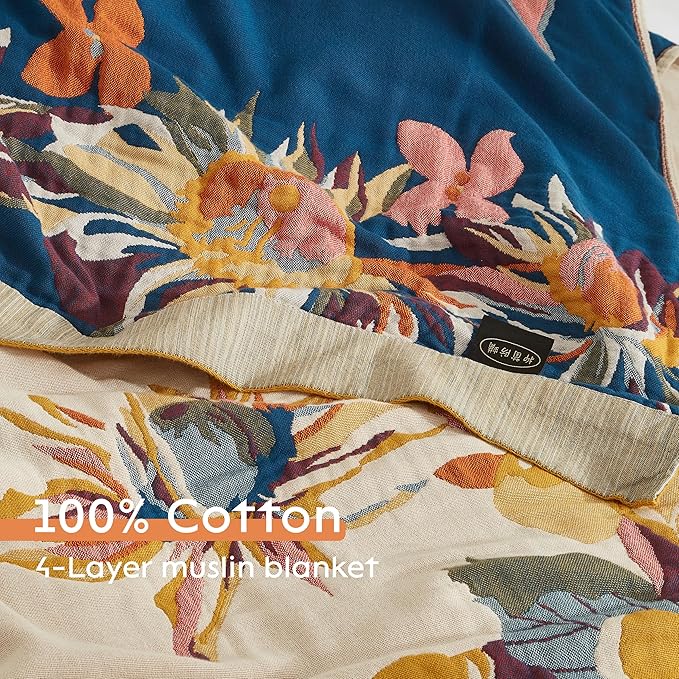 Boho Throw Blanket 100% Cotton Woven Ultra Soft 4-Layer Muslin Quilt Farmhouse Bed Blanket Cover 60"x80", Floral