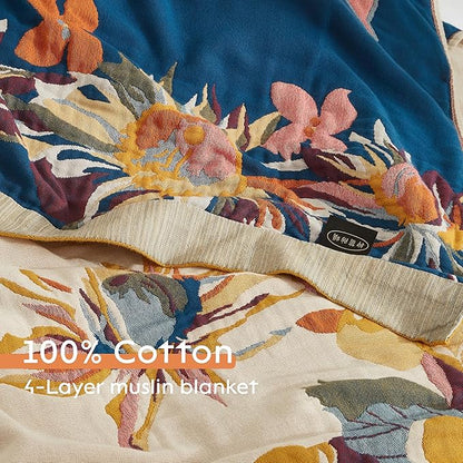Boho Throw Blanket 100% Cotton Woven Ultra Soft 4-Layer Muslin Quilt Farmhouse Bed Blanket Cover 60"x80", Floral