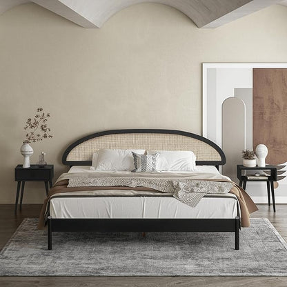 NTC Gem Wooden Bed Frame with Headboard and Natural Rattan, Solid Oak Foundation with Silent Slats, 1000 Lb Capacity, Effortless Assembly, King - Burnt Black