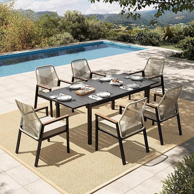 HERA'S HOUSE 7 Pieces Patio Table and Chairs Set, Outdoor Dining Set for 7, 6 x Cushioned Woven Rattan Patio Chairs and 1 x 61”/84” Black Extendable Metal Table, Outdoor Rattan Dining Set for Lawn