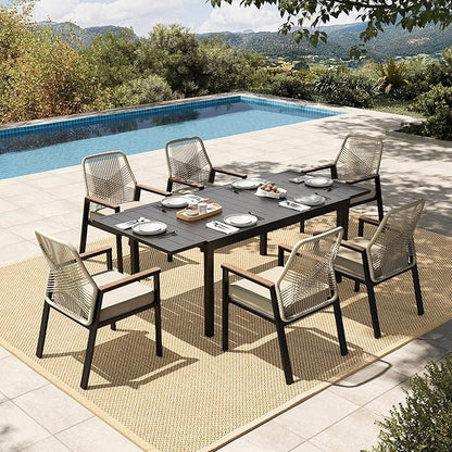 HERA'S HOUSE 7 Pieces Patio Table and Chairs Set, Outdoor Dining Set for 7, 6 x Cushioned Woven Rattan Patio Chairs and 1 x 61”/84” Black Extendable Metal Table, Outdoor Rattan Dining Set for Lawn
