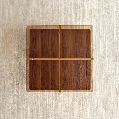 Square Coffee Table, Mid-Century Modern Design, L30 x W30 x H17 Inch, for Living Room, 2-Tier Structure, Amber Glass Top and Walnut Wood Shelf, Sleek Conical Metal Legs with Gold Finish