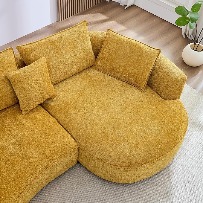 125'' Modern Curved Cloud Sofa Luxury Living Room 5 Seater Combo Sofa Cloud Curve Design Mid Century Upholstered Sofa with Ottoman for Living Room Bedroom Apartment (Boucle, Yellow)
