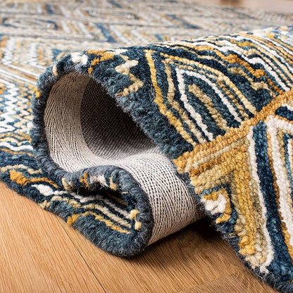 SAFAVIEH Aspen Collection Area Rug - 7' Square, Blue & Gold, Handmade Boho Wool, Ideal for High Traffic Areas in Living Room, Bedroom (APN822M)