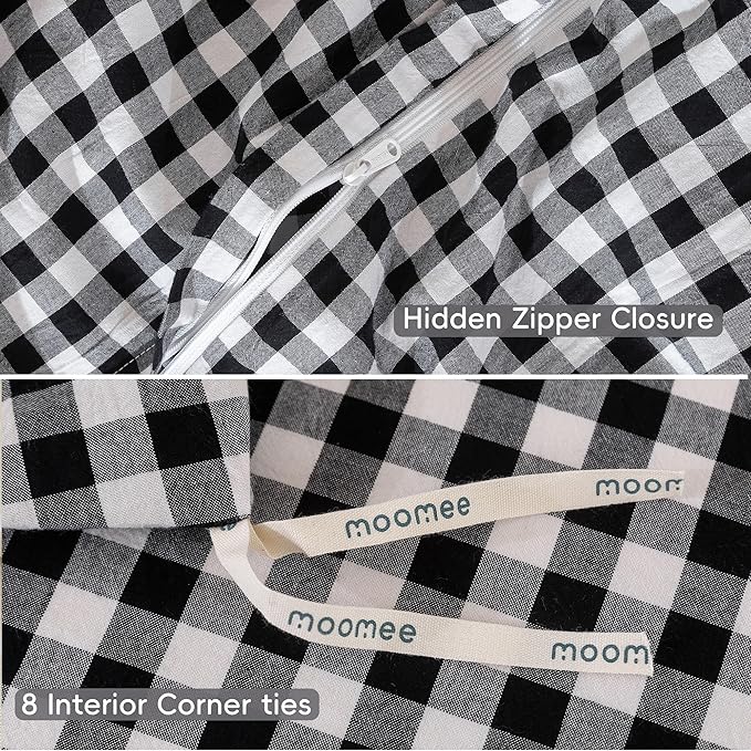 MooMee Gingham Duvet Cover Set 100% Washed Cotton Linen Like Textured Breathable Durable Soft Comfy Modern Checkered Design (Black White Gingham, Super Queen 90"x98")