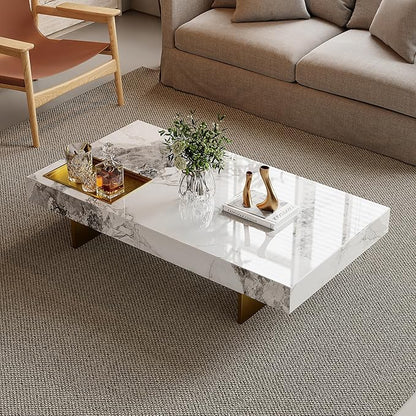Modern Coffee Table for Living Room, 51.2" L arge Rectangle Living Room Table Sintered Stone Tabletop with Gold Stainless Steel Legs, Center Table for Home Office