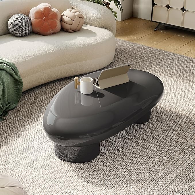24/7 Shop at Home Kavren Modern 37-inch Oval Glossy Low Profile Coffee Table, Stone Shape Living Room Furniture for Small Space, Dark Grey