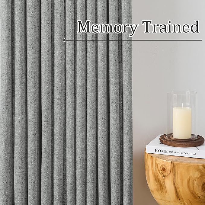 2 Panels Set Extra Long 132 Inch Curtains - Pinch Pleated with hooks Textured Linen Blend Semi Sheer Light Filtering Drapes for Large Windows Living Room Dining Office, Grey, 42" Wide by 132" Long