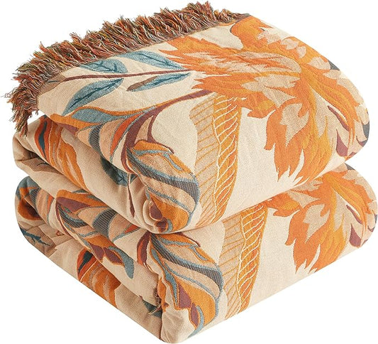 Boho Throw Blanket 100% Cotton Woven Ultra Soft 4-Layer Muslin Quilt Farmhouse Bed Blanket Cover 90"x98", Floral