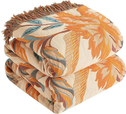 Boho Throw Blanket 100% Cotton Woven Ultra Soft 4-Layer Muslin Quilt Farmhouse Bed Blanket Cover 80"x90", Floral