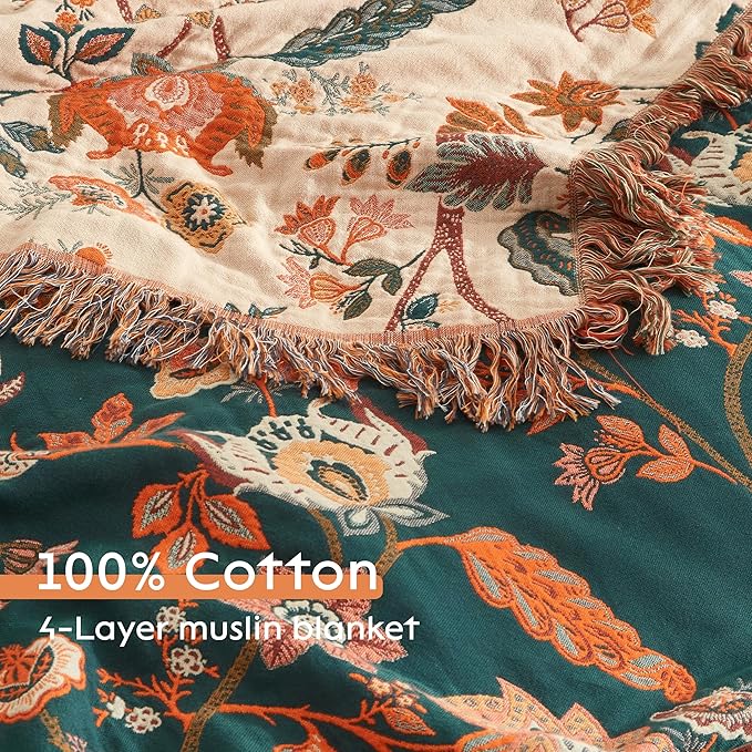 Boho Throw Blanket 100% Cotton Woven Ultra Soft 4-Layer Muslin Quilt Farmhouse Bed Blanket Cover 80"x90", Floral