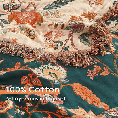 Boho Throw Blanket 100% Cotton Woven Ultra Soft 4-Layer Muslin Quilt Farmhouse Bed Blanket Cover 80"x90", Floral