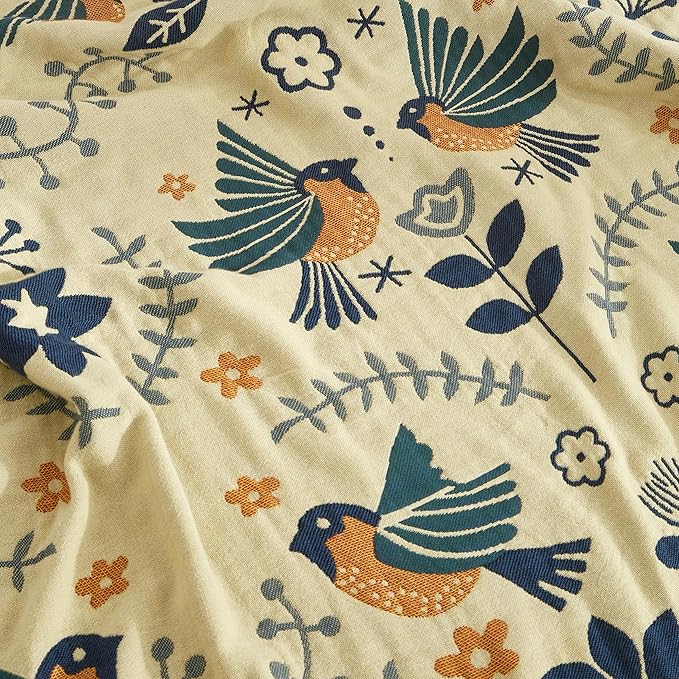 Boho Throw Blanket 100% Cotton Woven Ultra Soft 4-Layer Muslin Quilt Farmhouse Bed Blanket Cover 90"x98", Bird Floral