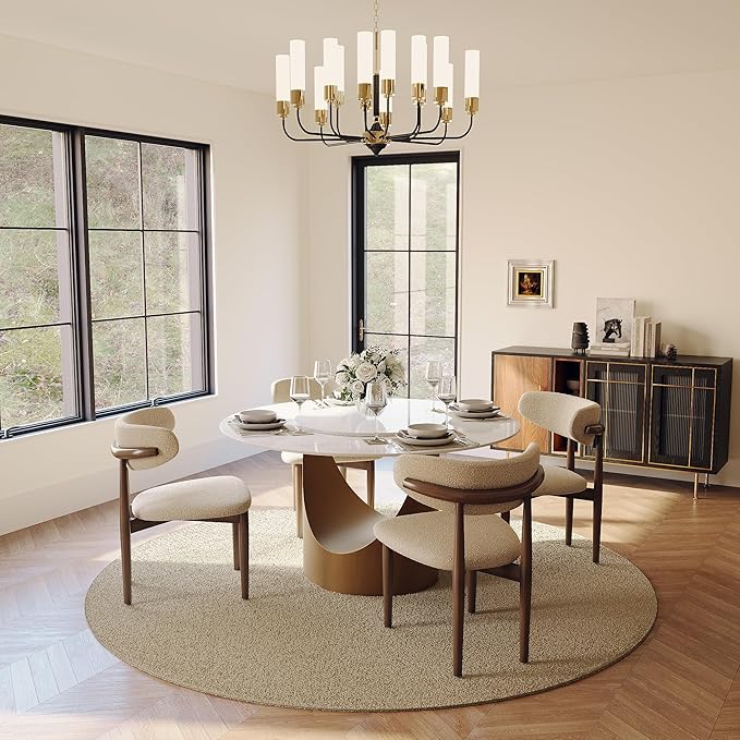 POVISON Round Dining Table for 4-6 with 23" Lazy Susan 51" Glossy White Sintered Stone Tabletop with Bronze Carbon Steel Pedestal