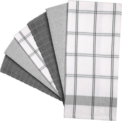 Premium Kitchen Dish Towels Set of 6 Large Cotton Hand Towels Absorbent Tea Towels, Grey Check