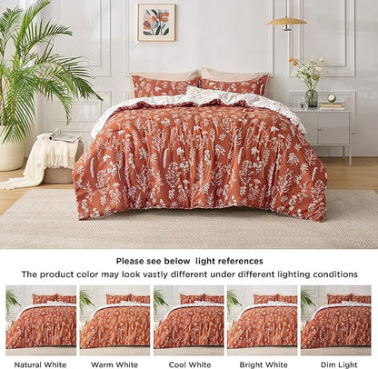Bedsure Full Comforter Set - Terracotta Bed Set, 3 Pieces Cute Floral Bedding, 1 Soft Reversible Botanical Flowers Comforter and 2 Pillow Shams
