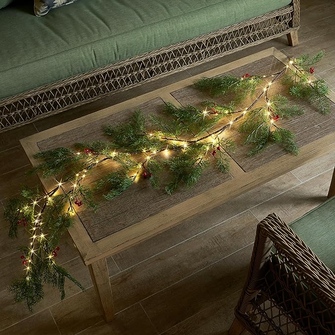 Fudios Lighted Pine Garland with Timer Red Berry Decor 80 LED 6FT Battery Operated USB Plug in,Lit Christmas Garland Cypress Leaves Lights for Home Mantle Inside