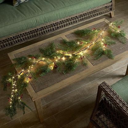 Fudios Lighted Pine Garland with Timer Red Berry Decor 80 LED 6FT Battery Operated USB Plug in,Lit Christmas Garland Cypress Leaves Lights for Home Mantle Inside