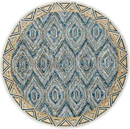 SAFAVIEH Aspen Collection 7' Round Blue/Gold APN822M Handmade Boho Wool Area Rug