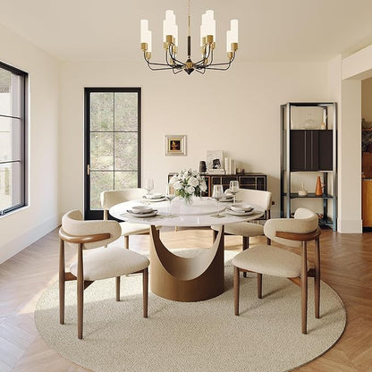 POVISON Round Dining Table for 4-6 with 23" Lazy Susan 51" Glossy White Sintered Stone Tabletop with Bronze Carbon Steel Pedestal