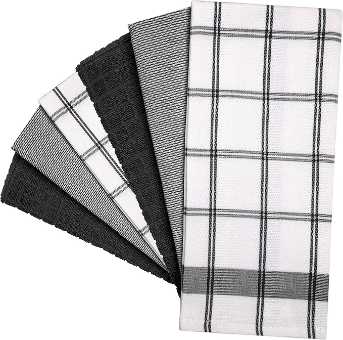 Premium Kitchen Towels 6 Pack Large Cotton Flat Terry Absorbent Tea Towels with Hanging Loop Black Check 20x28