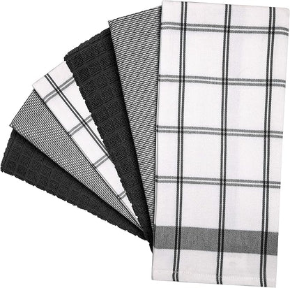 Premium Kitchen Towels 6 Pack Large Cotton Flat Terry Absorbent Tea Towels with Hanging Loop Black Check 20x28