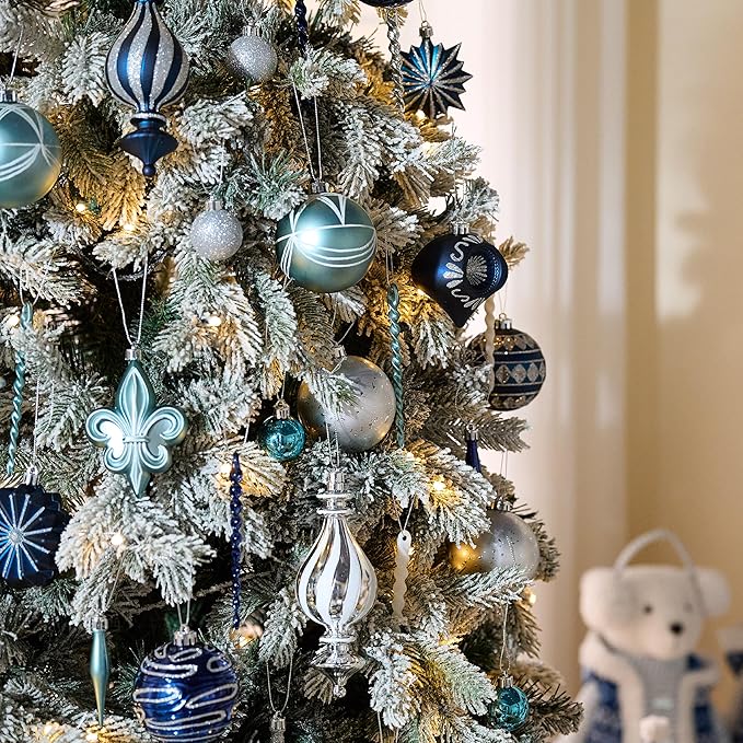 Valery Madelyn Ornaments for Christmas Trees, 60ct Navy Blue and Silver Shatterproof Christmas Tree Decorations, Luxury Hanging Ball Ornaments Bulk for Xmas Holiday Party Decor