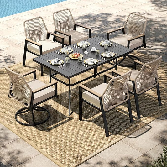 HERA'S HOUSE 7 Pieces Patio Table and Chairs Set, Outdoor Dining Set for 7, Patio Dining Set of 4 Cushioned Woven Rattan Patio Swivel Chairs, 2 Patio Dining Chairs and 1 Black Metal Table