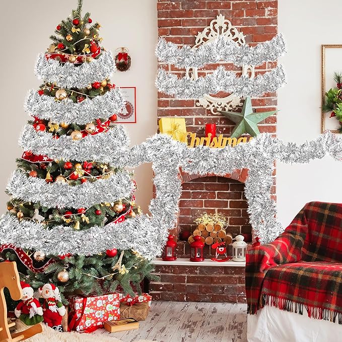 50FT Silver Tinsel Christmas Garland Metallic Twist Garland Shiny Hanging Tinsel for Christmas Tree Party Supplies Indoor Outdoor Home Xmas Decoration (Silver)