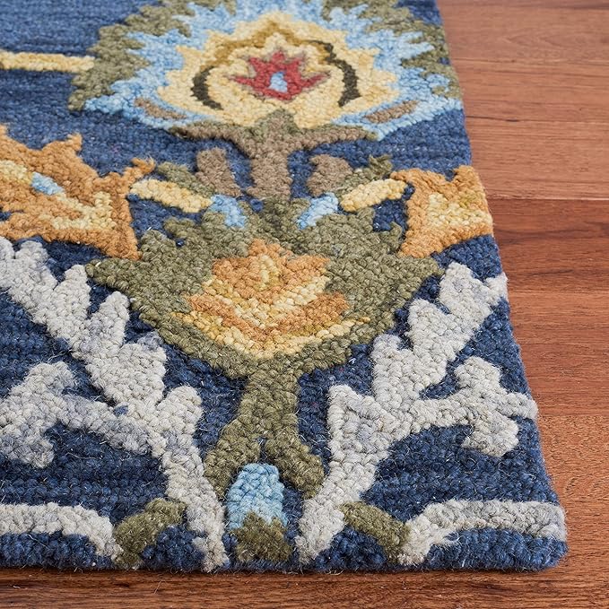 SAFAVIEH Blossom Collection Accent Rug - 2'3" x 4', Navy & Multi, Handmade Wool, Ideal for High Traffic Areas in Entryway, Living Room, Bedroom (BLM402A)