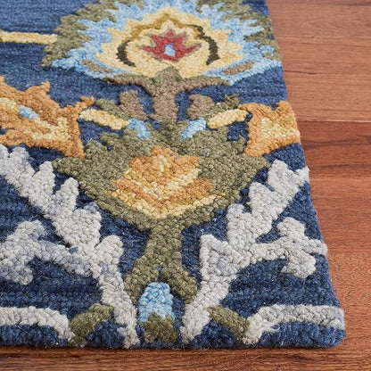 SAFAVIEH Blossom Collection Area Rug - 4' Square, Navy & Multi, Handmade Wool, Ideal for High Traffic Areas in Living Room, Bedroom (BLM402A)