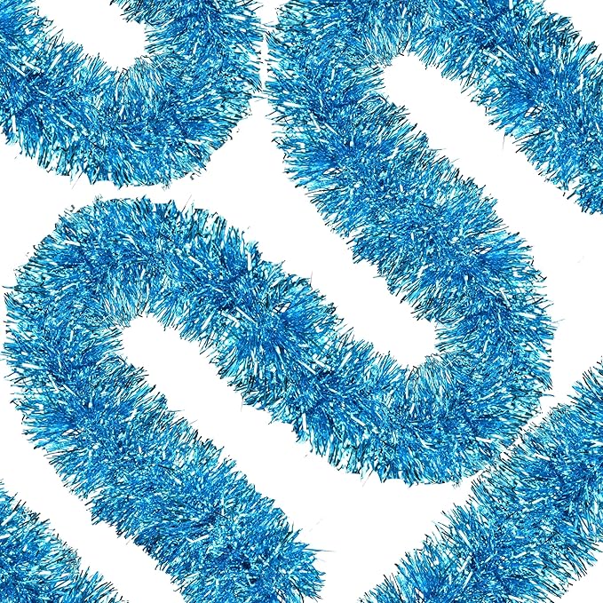 50 Ft Christmas Tinsel Garland Sky Blue Thick Tinsel Garland Xmas Tree Decorations Metallic Tinsel Twist Garland for Christmas, Birthday, Party Decor Indoor Outdoor Party Supplies