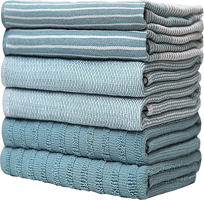 Premium Kitchen Towels 6 Pack Large Cotton Flat Terry Absorbent Tea Towels with Hanging Loop Aqua 20x28