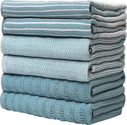 Premium Kitchen Towels 6 Pack Large Cotton Flat Terry Absorbent Tea Towels with Hanging Loop Aqua 20x28