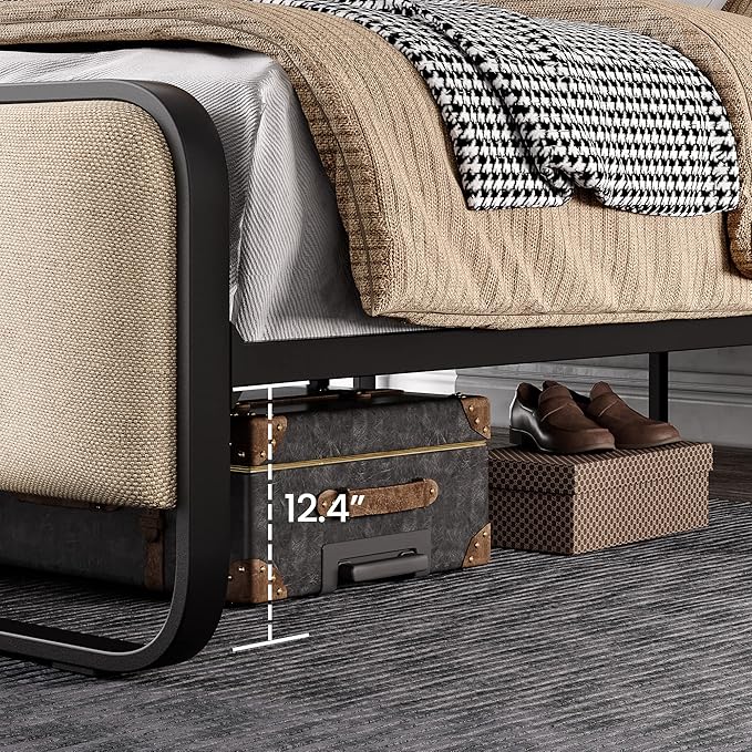 SHA CERLIN Queen Size Platform Metal Bed Frame with Curved Upholstered Headboard and Footboard, Large Under Bed Storage, No Box Spring Needed, Modern, Beige