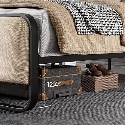 SHA CERLIN Queen Size Platform Metal Bed Frame with Curved Upholstered Headboard and Footboard, Large Under Bed Storage, No Box Spring Needed, Modern, Beige