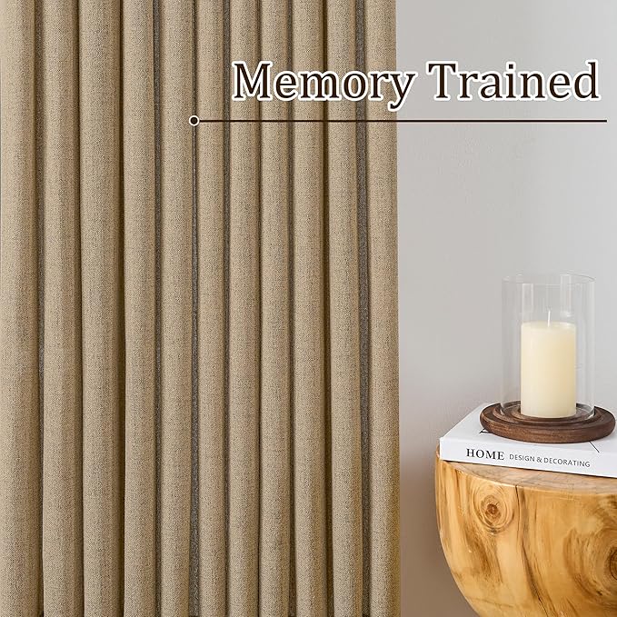 Dark Flax Pinch Pleated Linen Curtains 100 Inches Long Semi Sheer Memory Trained Ripple Fold Curtain with Hooks Back Tab Textured Light Filtering Drapes for Bedroom Living Room 50x100 Set of 2