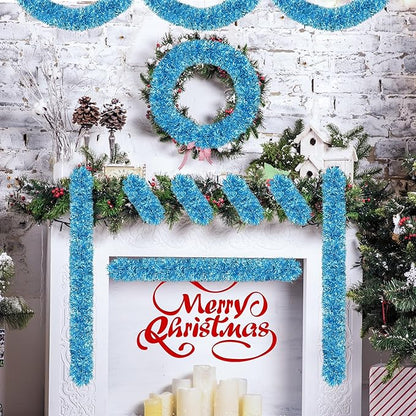 50 Ft Christmas Tinsel Garland Sky Blue Thick Tinsel Garland Xmas Tree Decorations Metallic Tinsel Twist Garland for Christmas, Birthday, Party Decor Indoor Outdoor Party Supplies