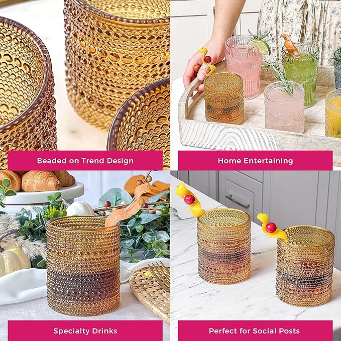 Kate Aspen Beaded Amber Drinking Glasses Set of 6-10 oz Vintage Glassware Set Jupiter Glasses, Cocktail Glass Set, Juice Glass, Water Cups Hostess Gift, Present, Gift for Newlyweds