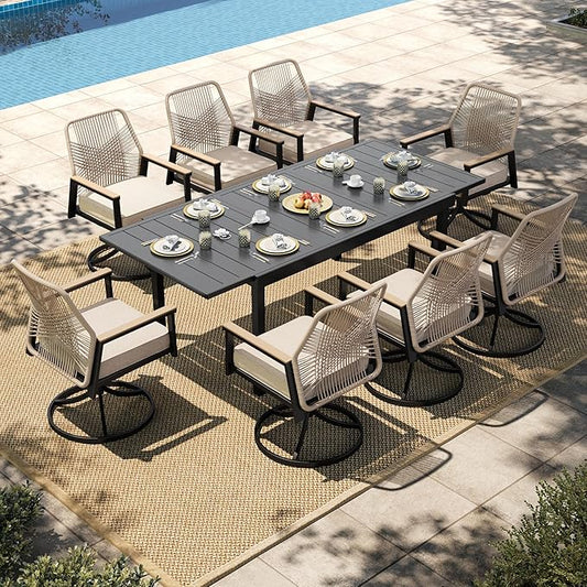 HERA'S HOUSE 9 Pieces Patio Table and Chairs Set, Outdoor Dining Set for 8, 8 x Cushioned Swivel Chairs and 1 x Extendable Dining Table, Patio Dining Set for Lawn Garden Backyard