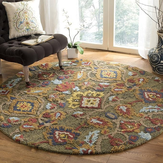 SAFAVIEH Blossom Collection Area Rug - 12' Round, Green & Multi, Handmade Wool, Ideal for High Traffic Areas in Living Room, Bedroom (BLM402B)