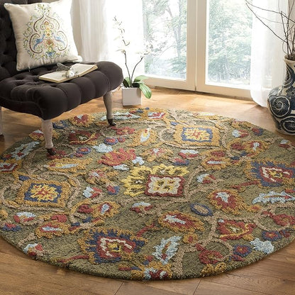 SAFAVIEH Blossom Collection Area Rug - 11' Round, Green & Multi, Floral Design, Handmade Wool, Ideal for The Living Room, Bedroom, Dining Room (BLM402B-11R)