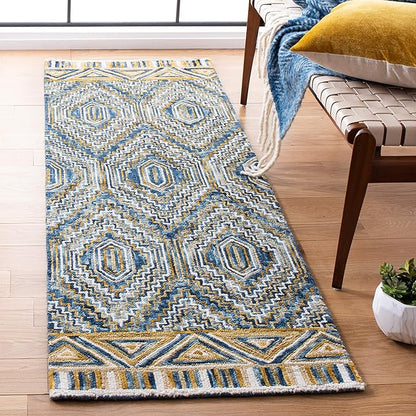 SAFAVIEH Aspen Collection Runner Rug - 2'3" x 8', Blue & Gold, Handmade Boho Wool, Ideal for High Traffic Areas in Living Room, Bedroom (APN822M)