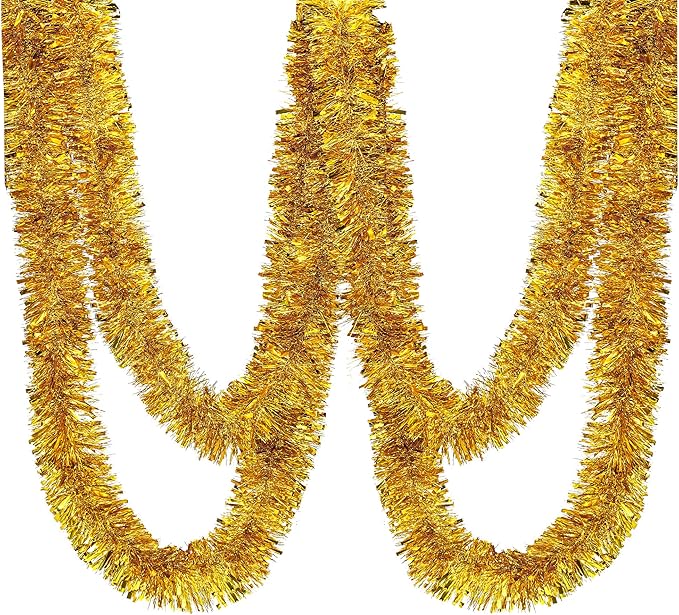 25 ft Long Roll Gold Tinsel Twist Garland, Shiny Metallic Foil Decorations for Parade Floats, Halloween, Christmas Eve, New Year Parties (4" x 25' roll, Gold)