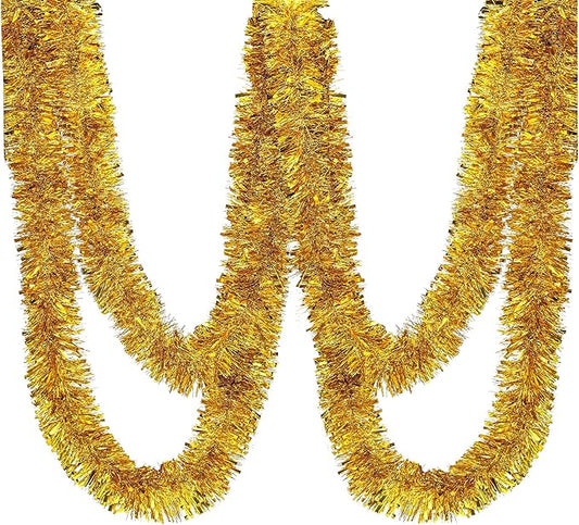25 ft Long Roll Gold Tinsel Twist Garland, Shiny Metallic Foil Decorations for Parade Floats, Halloween, Christmas Eve, New Year Parties (4" x 25' roll, Gold)