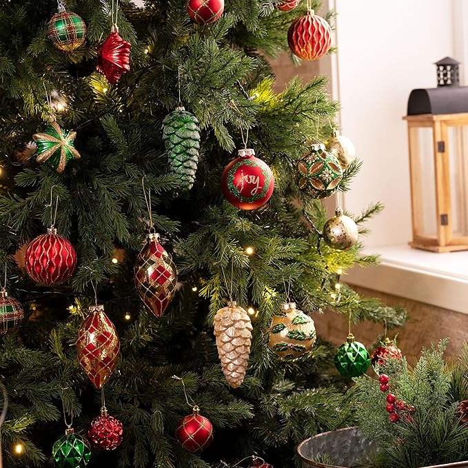 Valery Madelyn Glass Christmas Ornaments Set, 10ct Red Green and Gold Mercury Blown Glass Christmas Tree Ball Decorations, Traditional Country Xmas Hanging Teardrop Finial Bulk for Holiday Decor