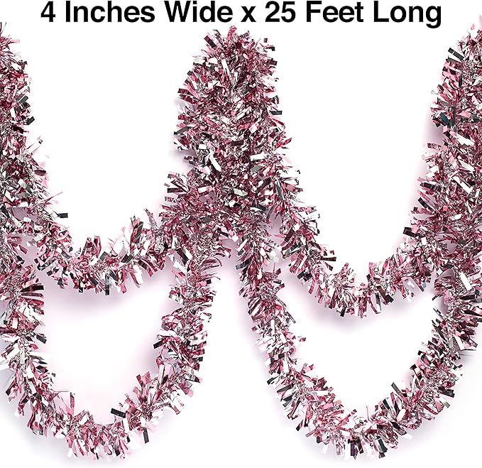 Anderson's Metallic Light Pink & Silver Sparkle Glitter Tinsel Twist Garland, 25ft Holiday Decoration, Christmas Tree Trim, Parade Float Decor, Party Supplies, Graduation, Event Garland