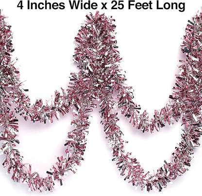 Anderson's Metallic Light Pink & Silver Sparkle Glitter Tinsel Twist Garland, 25ft Holiday Decoration, Christmas Tree Trim, Parade Float Decor, Party Supplies, Graduation, Event Garland
